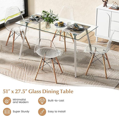 Moccha 51” Glass Dining Table, Modern Rectangular Table with Spacious Tempered Glass Tabletop & Sliver Metal Legs, Adjustable Foot Pads, Transparent Kitchen Table for Home Office
