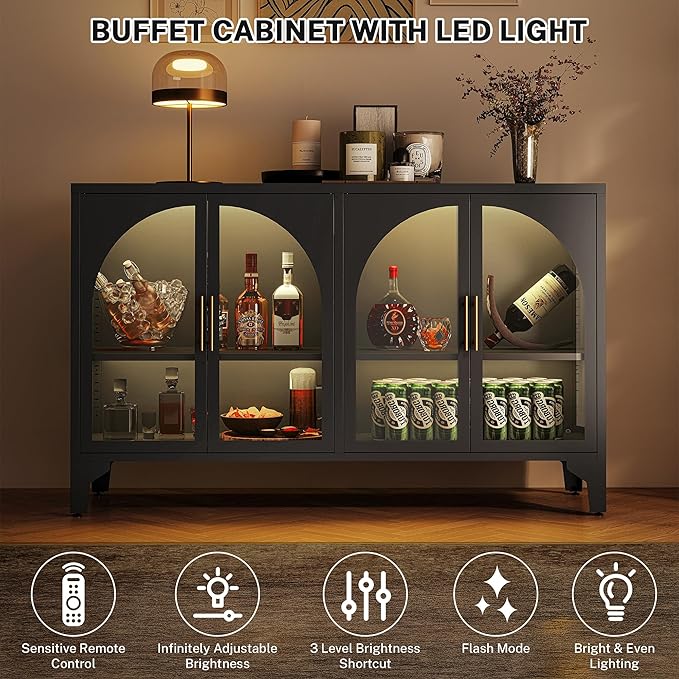 Foreate Arched Sideboard Buffet Cabinet with Storage & LED Light, 53.2" Large Buffet Cabinet with 4 Glass Door & Adjustable Shelf, Modern Farmhouse Sideboard Credenzas Metal Kitchen Buffets, Black