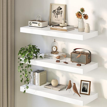 Fun Memories 12 Inch Deep White Floating Shelf, 24 x 12 Rustic Wood Wall Shelf for Books, 2" Thick Deep Floating Shelf for Storage & Display in Kitchen, Living Room, Bedroom, 2 Packs