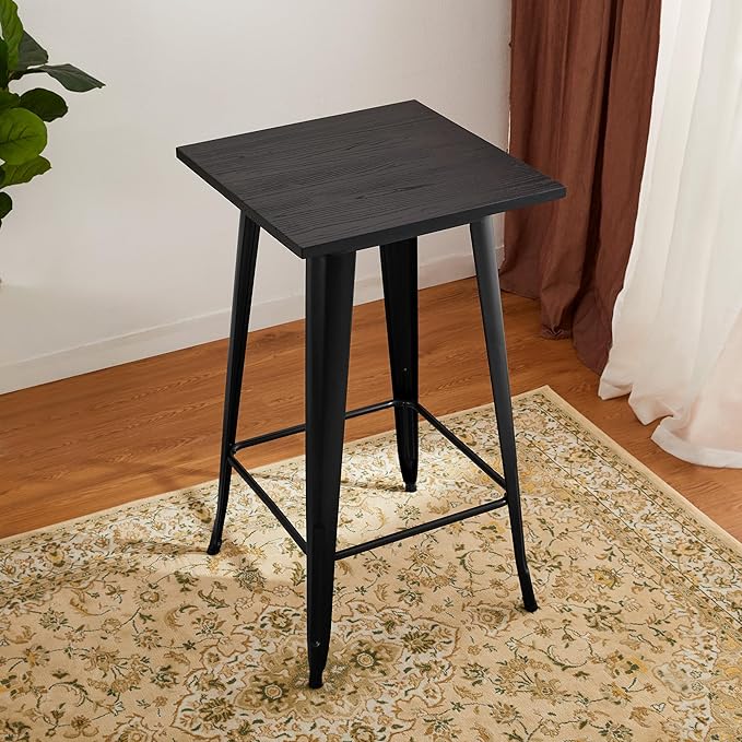 Glitzhome Bar Table and Chairs, Black Fabric Adjustable Swivel Bar Stools Set of 2, Square Black Cocktail Pub Table for Kitchen Island Bistro Office Living Room Dining Room Small Space Restaurant
