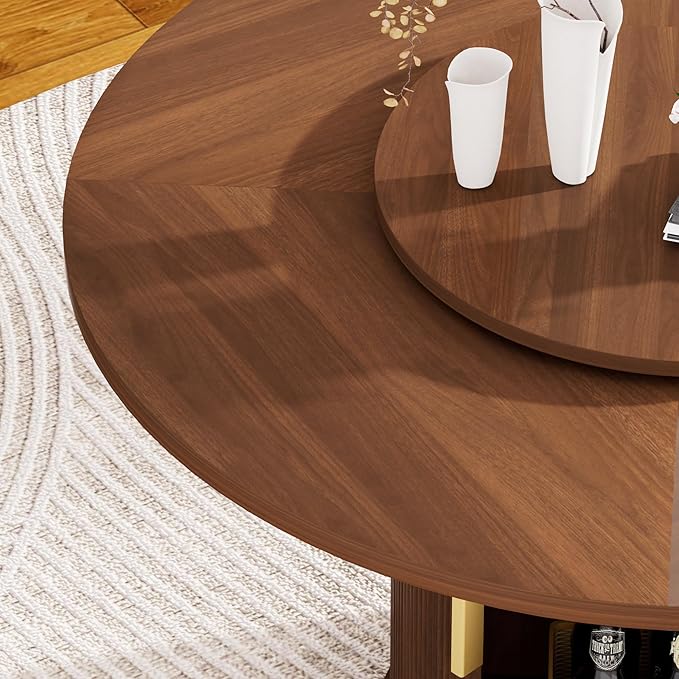 55 inch Round Dining Table for 4-6, Round Wooden Dining Table with Rotating Tabletop Tray & Sliding Door Base, Modern Farmhouse Kitchen Table with 2 Tier Storage Shelf for Kitchen Living Room, Walnut
