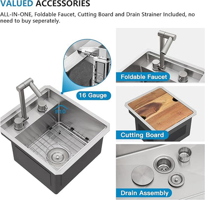 13"x15" Undermount RV Kitchen Sink Workstation – 16 Gauge 304 Stainless Steel Under Counter Single Bowl Basin with Foldable Faucet for RV, Camper, Mobile Home, Wet Bar, Outdoor Kitchen