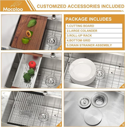Mocoloo 30 Farmhouse Sink - 30 x 22 Inch Stainless Steel Undermount Kitchen Sink Workstation Ledge 16 Gauge Single Bowl Deep Basin Handmade Apron Front Farm Style Sinks