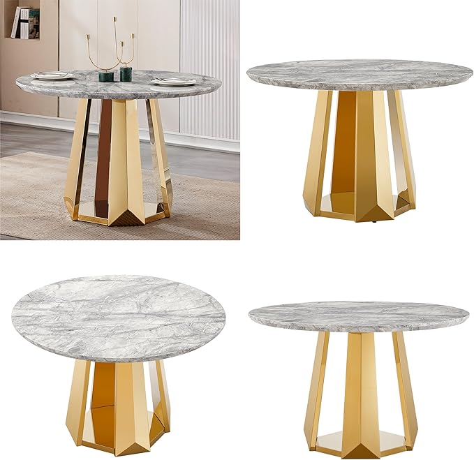 47" Round Marble Dining Table for 4-6, Luxury Modern Kitchen Table with Marble Grain MDF Tabletop & Gold Mirrored Stainless Steel Pedestal Base, Grey Stone Dinner Table for Dining Room (Table Only)