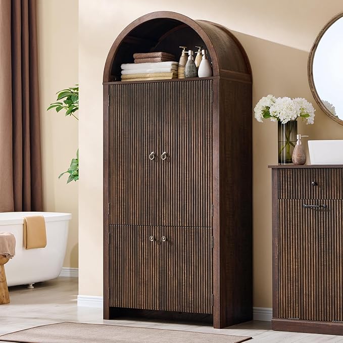 IFBUY 71" Tall Arched Bathroom Storage Cabinet, Modern Fluted Storage Cabinet w/Doors, 3 Adjustable Shelves, 6 Door Shelves, Wood Freestanding Cabinet for Bathroom, Entryway, Hallway, Brown