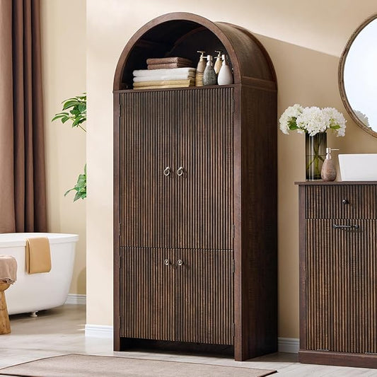 IFBUY 71" Tall Arched Bathroom Storage Cabinet, Modern Fluted Storage Cabinet w/Doors, 3 Adjustable Shelves, 6 Door Shelves, Wood Freestanding Cabinet for Bathroom, Entryway, Hallway, Brown