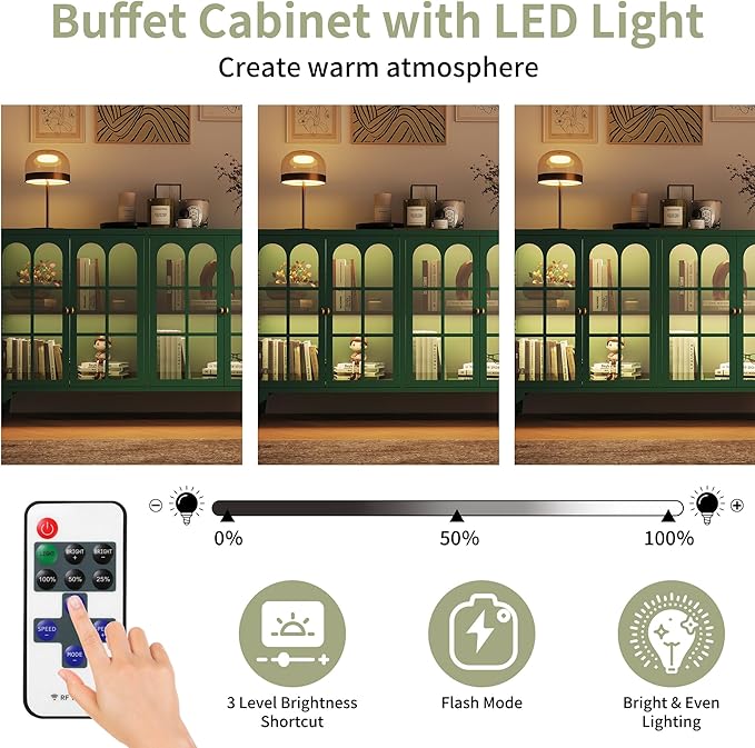 Foreate Sideboard Buffet Cabinet with Glass Door & LED Light, 53.2" Large Buffet Cabinet with Storage & Adjustable Shelf, Farmhouse Sideboard Credenzas Metal Kitchen Buffet, Green