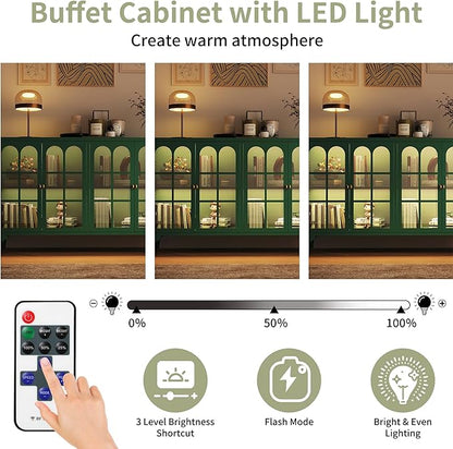 Foreate Sideboard Buffet Cabinet with Glass Door & LED Light, 53.2" Large Buffet Cabinet with Storage & Adjustable Shelf, Farmhouse Sideboard Credenzas Metal Kitchen Buffet, Green
