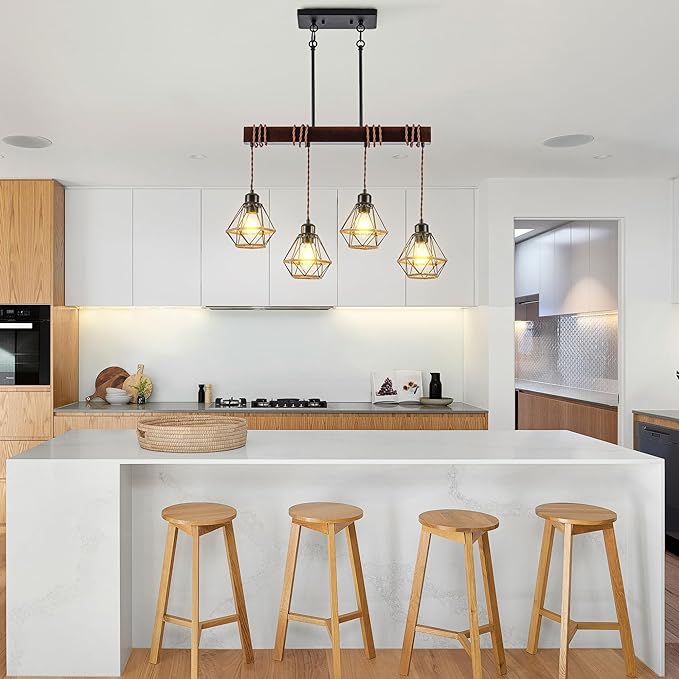 4 Light Kitchen Island Lighting, Farmhouse Chandeliers for Dining Room Light Fixtures Over Table, Modern Wood Pendant Lights Kitchen Island with Metal Lampshade