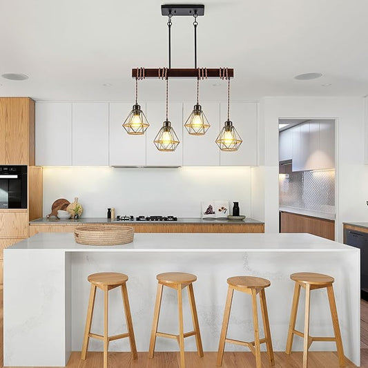 4 Light Kitchen Island Lighting, Farmhouse Chandeliers for Dining Room Light Fixtures Over Table, Modern Wood Pendant Lights Kitchen Island with Metal Lampshade