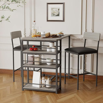 Takywep Dining Table Set for 2 with 3 Large Storage Shelves, Kitchen Table and Chairs for 2 with Pu Cushion Chairs & Thick Wood Top, 3 Piece Dining Table Set for Small Space, Apartment, Gray
