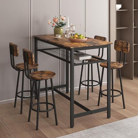 5-Piece Bar Height Table and Chairs Set – Modern Kitchen Table with 4 Bar Stools,Compact Dining Table Chairs Set,Bar Table and Chairs Set for Kitchen Island Seating & Dining Room (Brown)