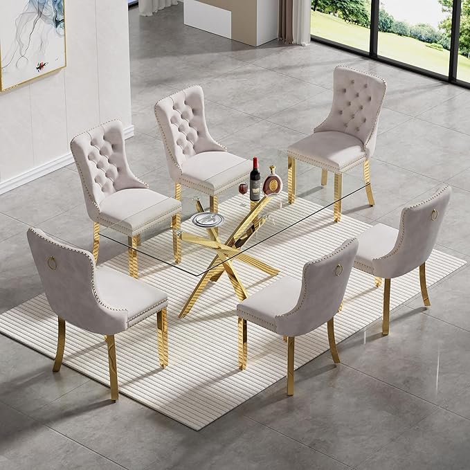 51" Glass Dining Table for 4-6, Modern Dining Room Table with 0.39" Tempered Glass Top and Cross X-Shaped Gold Stainless Steel Base, Rectangle Kitchen Dinner Table for Dining Room