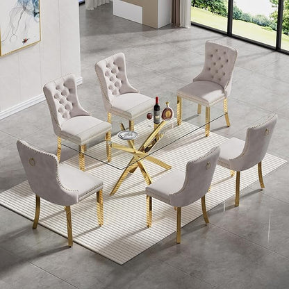 51" Glass Dining Table for 4-6, Modern Dining Room Table with 0.39" Tempered Glass Top and Cross X-Shaped Gold Stainless Steel Base, Rectangle Kitchen Dinner Table for Dining Room