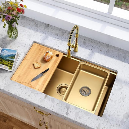 MILOSEN 30 Inch Gold Undermount Kitchen Sink, 30" x 18" Gold Stainless Steel Sinks, Single Bowl Workstation Sink with Custom Accessories, Modern Under Counter Design, 9'' Large and Deep Kitchen Sinks