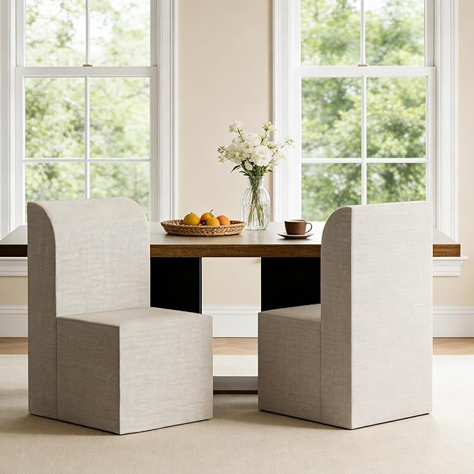 Modern Linen Upholstered Armless Dining Chair Set of 2, Comfortable Dining Room Chair Side Leisure Chairs with Mid Back for Dining Room Kitchen Bedroom Reading Room, No Assemble, Beige