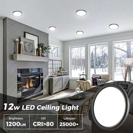 zemty 12Pack LED Flush Mount Ceiling Lights, 6.5 Inch 12W 1200lm Lighting Fixtures Recessed, Adjustable 3000K 4000K 6500K, Round Modern Ceiling Lamp for Bathroom Closet Hallway (Black)