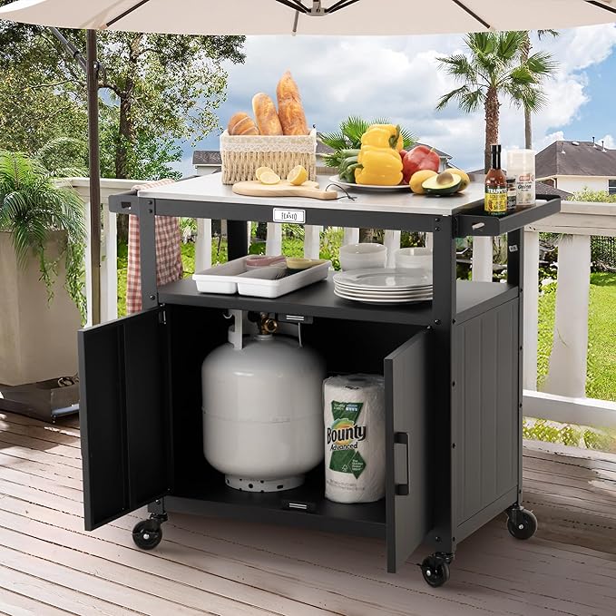 Feasto Outdoor Grill Cart with Stainless Steel Tabletop and Storage Cabinet, Movable Kitchen Island with Wheels for BBQ Food Prep, Black