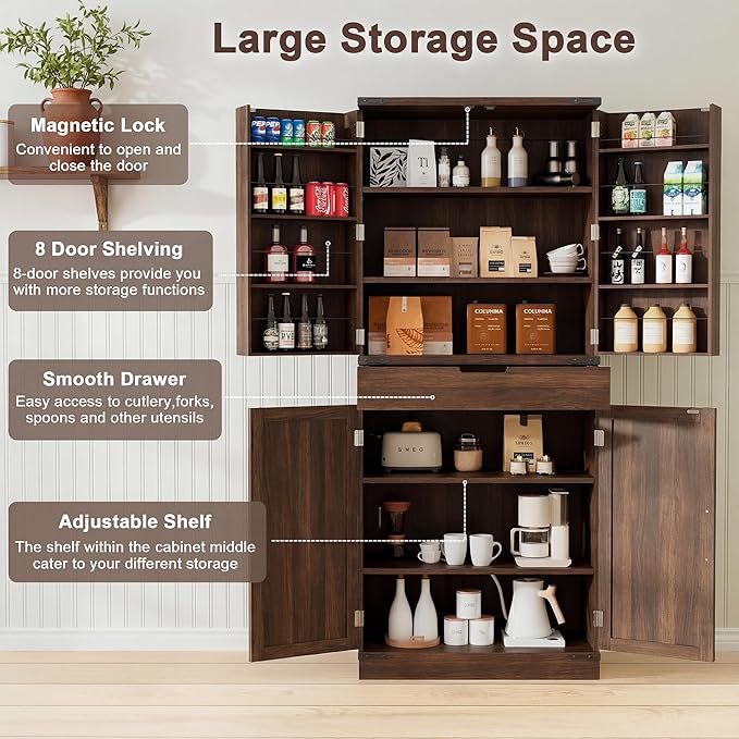 GRUSIGN 72" Kitchen Pantry Storage Cabinet with Doors and Shelves, Wood Farmhouse Pantry Storage with Barn Doors for Kitchen, Dining Room, Living Room, Dark Brown