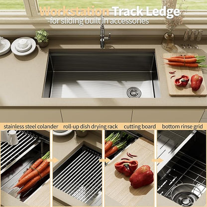 33 Inch Black Stainless Steel Undermount Single Bowl Sinks,33x19x9 Inch Deep Sink, 16 Gauge Workstation Kitchen Sinks, Modern Undermount Kitchen Sink with Ledge and Accessories