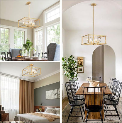 Modern Gold 4-Light Farmhouse Chandelier 15.7" Square Pendant Lighting Fixture Adjustable Height Ceiling Light for Kitchen Living Room Dining Room Hallway Bedroom Foyer