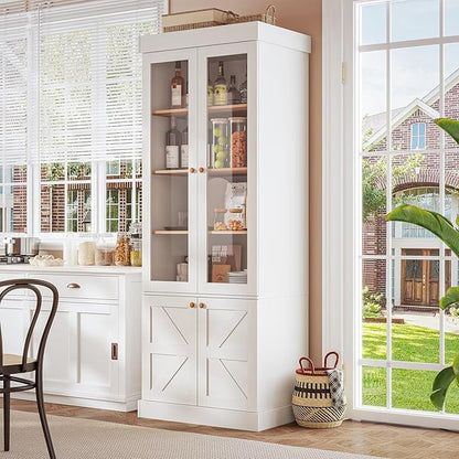 ivaniti 71" Tall Farmhouse Kitchen Pantry, Rustic Large Storage Cabinet with Glass Doors, Adjustable Shelves, Wood Versatile Hutch Cabinet for Dining Room, Living Room, White 4 pcs