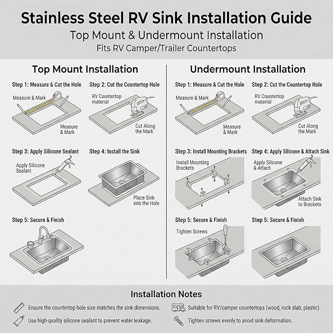 MILOSEN RV Kitchen Sink, 27''×16''×7'' 16 Gauge T304 Stainless Steel Drop-in/Undermount RV Sink, 27 inch Single Bowl Sinks for Caravans/Campervans & Site Cabins, 7 inch Depth Outdoor Trailer Sinks