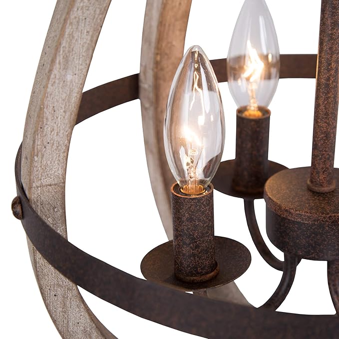Farmhouse Chandelier, Orb Wood Chandelier, 4-Light Entryway Foyer Lighting with Hand-Brushed Rust Metal Finish, Brown