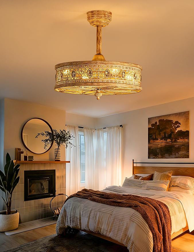 Farmhouse Chandelier Ceiling Fan with Light,Rustic Distressed Wood-Look Caged Bladeless Fandelier,Country Cottage Crystal Drum Light Fixture,Hanging/Flush Mount for Bedroom,Dining Room,Kitchen Island