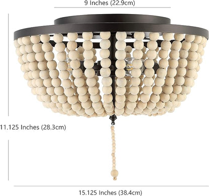 JONATHAN Y 15" Oil Rubbed Bronze/Cream Allison 3-Light LED Flush Mount Ceiling Light for Bedroom, Wood Beaded Shade Shabby Chic Farmhouse Rustic Decor, LED Bulbs Included (JYL9019B)