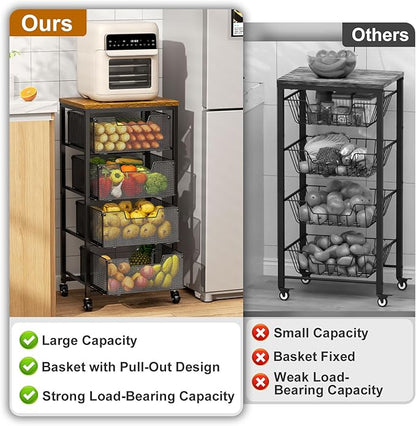 Kitchen Rolling Cart with Drawers, 4-Tier Fruit Vegetable Storage Cart on Wheels with Wooden Top, Kitchen Rolling Storage Rack to Storage Cans Snacks and Potato for Kitchen，(Patent Pending)