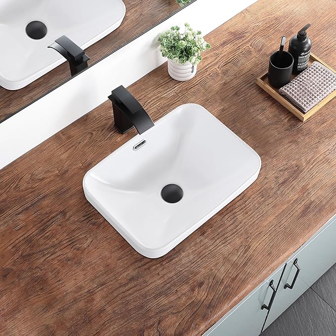 Bathroom Vessel Sink 18.2'' x 13.3'' Small Semi Recessed Bathroom Sink Rectangular Drop In Sink with Overflow White Ceramic Modern Vessel Sinks for Bathroom
