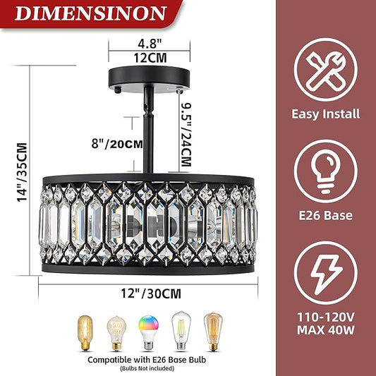 3-Light Crystal Ceiling Light, Black Semi Flush Mount Ceiling Lighting Fixture with Drum Shade, Dia 12" Lighting Fixtures for Hallway, Kitchen, Entryway, Bedroom, Laundry Room