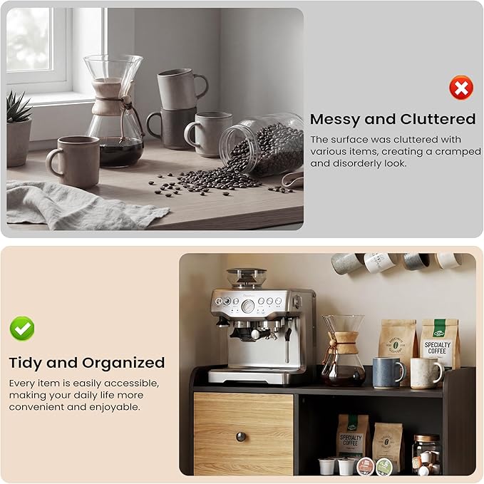 Manora Narrow Small Coffee Bar Cabinet with Drawers, Wooden Mini Sideboard Buffet Cabinet with Storage, Compact Kitchen Island & Corner Island for Kitchen, Dining Room, Coffee Station, Black