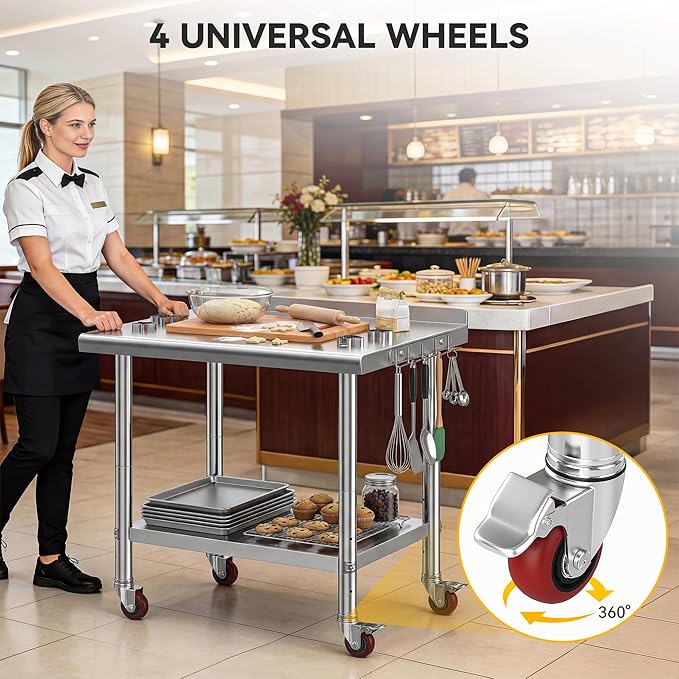 DWVO 36x24in Stainless Steel Table, NSF Metal Prep Worktable with Backsplash & Wheels for Kitchen Restaurant Hotel Garage Warehouse Home