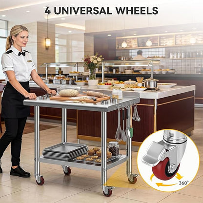 DWVO 36x24in Stainless Steel Table, NSF Metal Prep Worktable with Backsplash & Wheels for Kitchen Restaurant Hotel Garage Warehouse Home