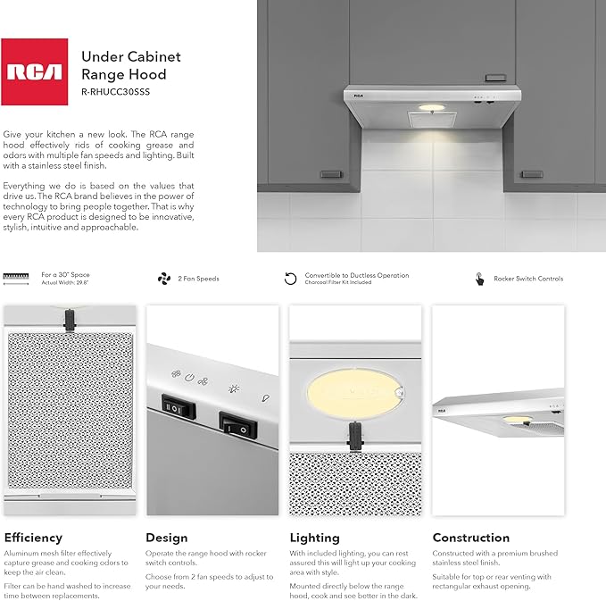 RCA R-RHUCC30SSS 30 in. Century Collection Ductless Under Cabinet Range Hood, Reusable Filter, Rocker Switch, Light, Stainless Steel
