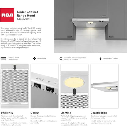 RCA R-RHUCC30SSS 30 in. Century Collection Ductless Under Cabinet Range Hood, Reusable Filter, Rocker Switch, Light, Stainless Steel