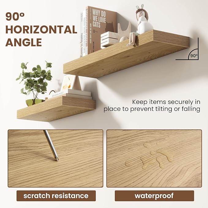 Acovy 72 Inch Floating Shelves for Wall 2 Pack, 72" Wall Shelves for Books, Storage, Decor, Wall Mounted Floating Shelf with Invisible Brackets for Kitchen, Living Room, Oak