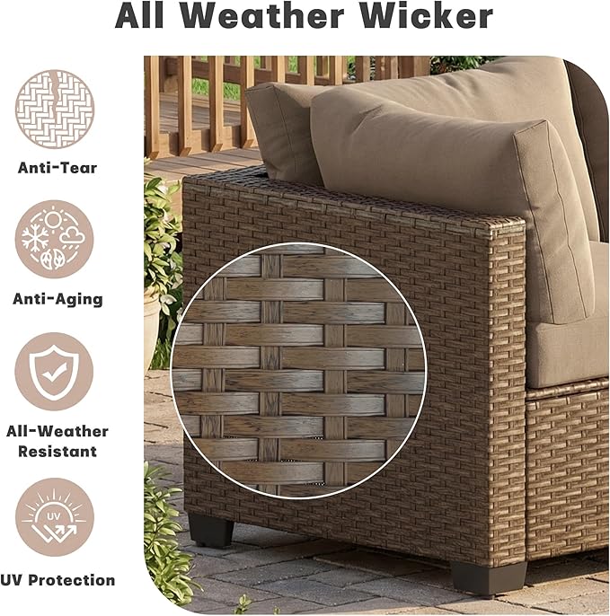 Patio Furniture Set, 7-Piece Outdoor Sectional Couch with Coffee Table & Thick Cushions, Outdoor Wicker Conversation Set for Backyard, Poolside, Garden (Brown-Camel, 7 Piece-Double)