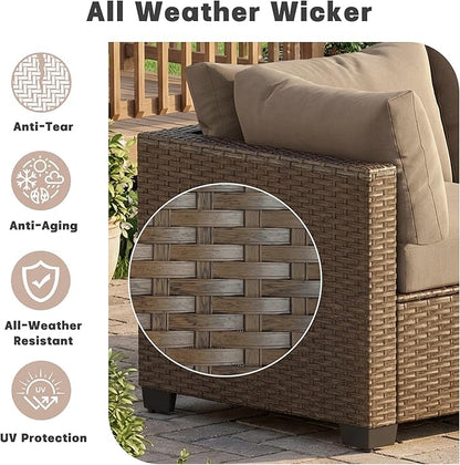 Patio Furniture Set, 7-Piece Outdoor Sectional Couch with Coffee Table & Thick Cushions, Outdoor Wicker Conversation Set for Backyard, Poolside, Garden (Brown-Camel, 7 Piece-Double)