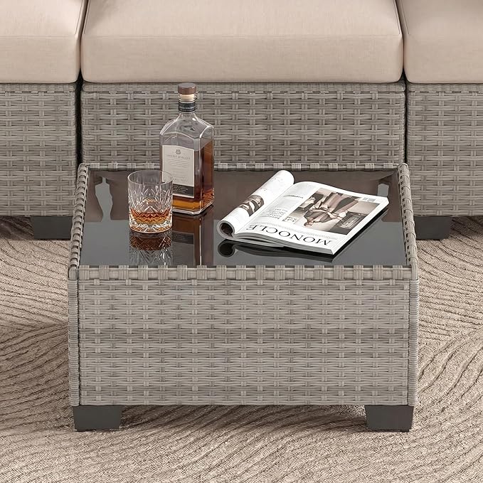 Patio Furniture Set, 7-Piece Outdoor Sectional Couch with Coffee Table & Thick Cushions, Outdoor Wicker Conversation Set for Backyard, Poolside, Garden (Grey White-White, 7 Piece-Single)