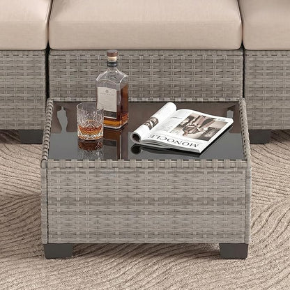 Patio Furniture Set, 7-Piece Outdoor Sectional Couch with Coffee Table & Thick Cushions, Outdoor Wicker Conversation Set for Backyard, Poolside, Garden (Grey White-White, 7 Piece-Single)