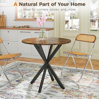 Unovivy 31.5" Small Round Dining Table for 2-4, Space Saving Circle Kitchen Dinner Table, Industrial Mid Century Modern Dining Room Desk for Kitchen, Apartment, Rustic Brown
