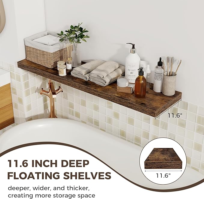 Fun Memories 12 Deep Floating Shelves for Wall, 48W x 12D Extra Large Floating Shelves Set of 2, Hanging Wood Wall Shelves for Living Room, Kitchen, Bedroom, Farmhouse, Laundry Room, Office - Brown