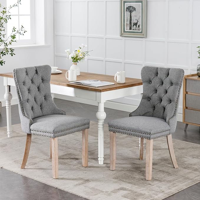 Ball & Cast Contemporary Upholstered Dining Chairs Set of 2, Button Tufted Kitchen Side-Chairs with Hang Ring & Nailhead Trims & Solid Wood Legs, 2-Piece Backrest Traditional Chair, Linen Gray