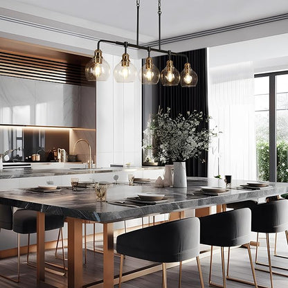 KSANA Chandeliers for Dining Room, 5 Light Linear Chandelier Modern Farmhouse Kitchen Island Light with Seeded Glass Pool Table Light for Kitchen, Dining Room, Living Room