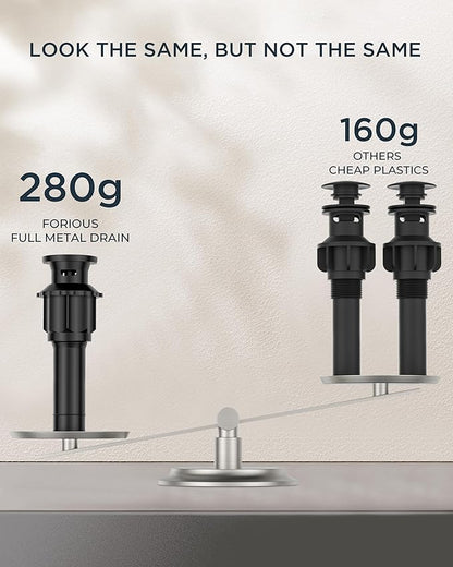 FORIOUS Brass Waterfall Bathroom Faucet for Sink 3 Hole, 2 Handle Square 8 Inch Matte Black Bathroom Faucet Widespread with Pop-up Drain and CUPC Flexible Hoses, Vanity