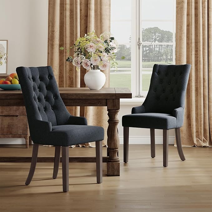 COLAMY Wingback Upholstered Side Dining Room Chairs Set of 2, Fabric Dining Chairs with Tufted Button, Living Room Chairs for Home Kitchen, Black