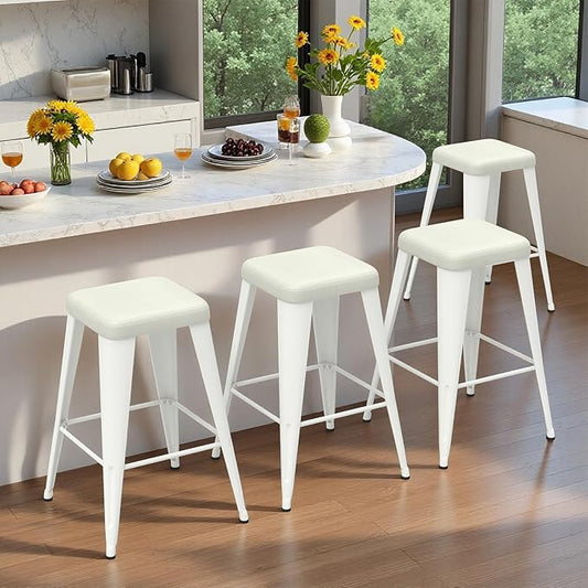 Backless Bar Stools Set of 4, Upholstered Faux Leather Counter Height Stools with Sturdy Metal Legs, 24 Inch Barstools for Kitchen Island (White)